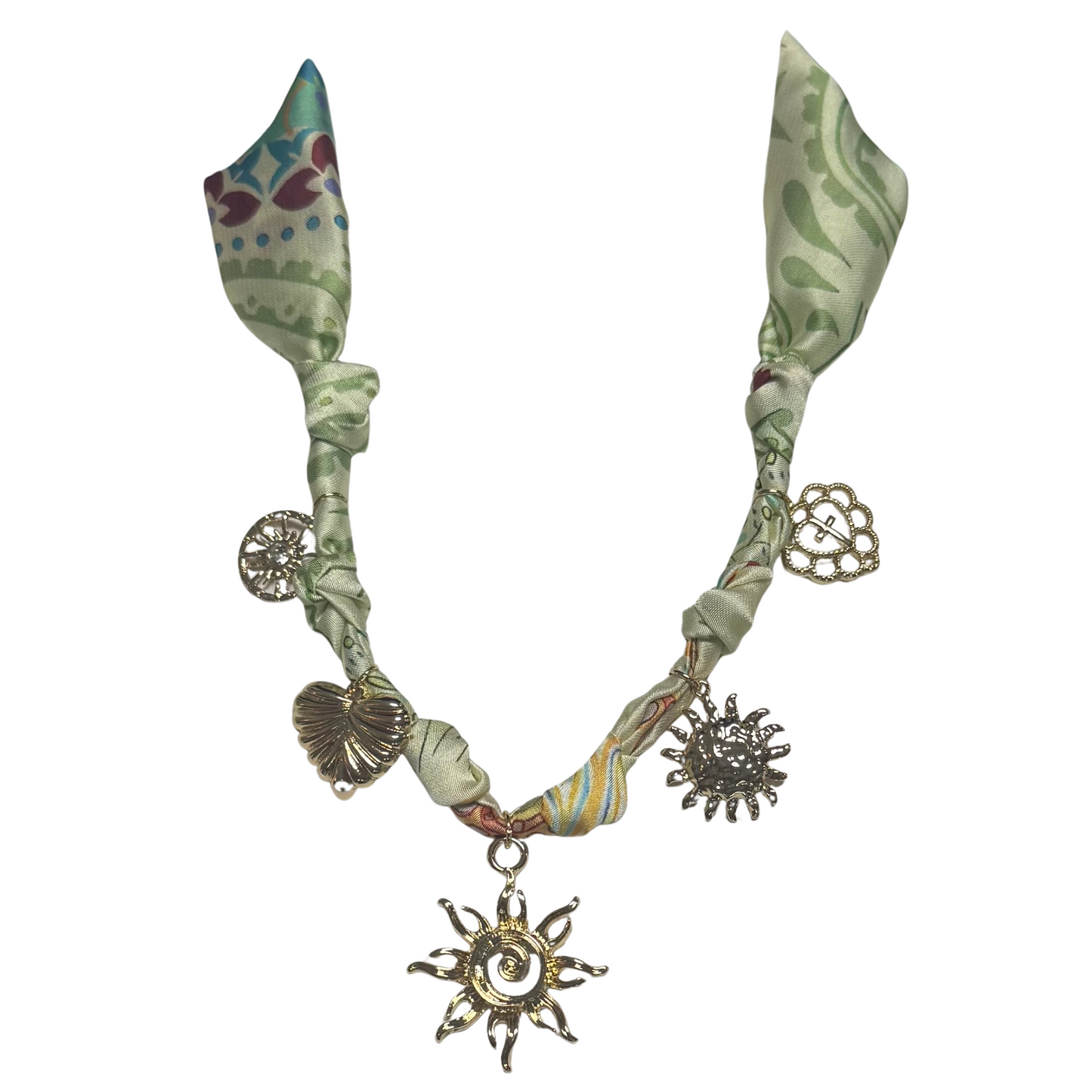 Green scarf necklace with gold sun and heart charms