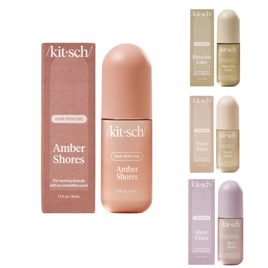 Experience the ultimate refresh with our Hair Perfume Discovery Set. Each lightweight mist eliminates bad odors without just masking them. Use on hair, body, or pillows and enjoy scents like pistaccio latte, sheer violet, warm sugar, and amber shores. Trust Kitsch brand for a revitalizing experience.