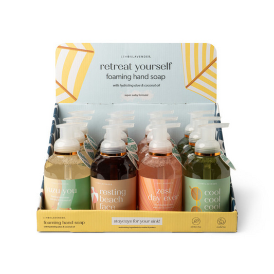Retreat Yourself, infused with aloe vera & coconut oil, is paraben and cruelty free. Each 17 fl. oz. bottle features four multi-note scents: Cool Cool Cool, Resting Beach Face, Zest Day Ever, and Yuzu You. With giftable bottle designs and fun scent names, it's the perfect addition to any home.