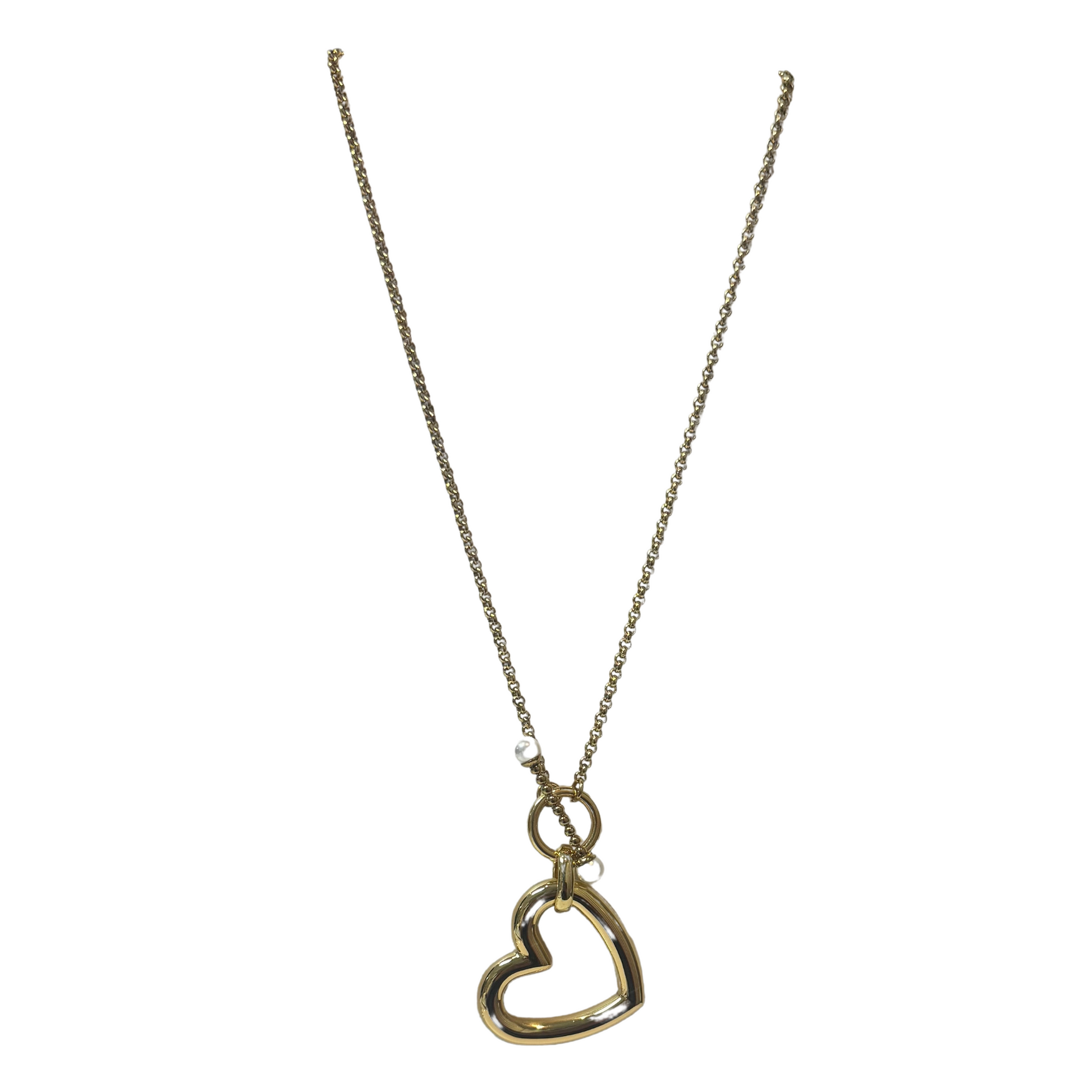 This elegant Heart Pendant Necklace features a gold chain with a delicate pearl accent. The heart pendant adds a touch of romance, while the long necklace adds versatility. Made with high-quality materials, this necklace is perfect for adding a touch of sophistication to any outfit.