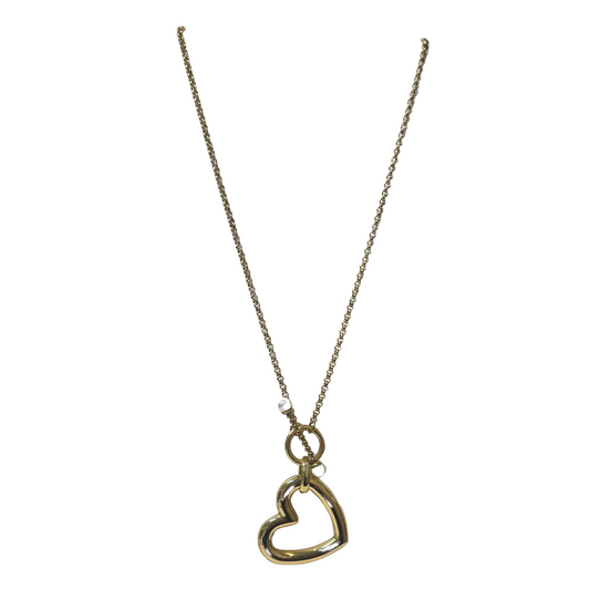 This elegant Heart Pendant Necklace features a gold chain with a delicate pearl accent. The heart pendant adds a touch of romance, while the long necklace adds versatility. Made with high-quality materials, this necklace is perfect for adding a touch of sophistication to any outfit.