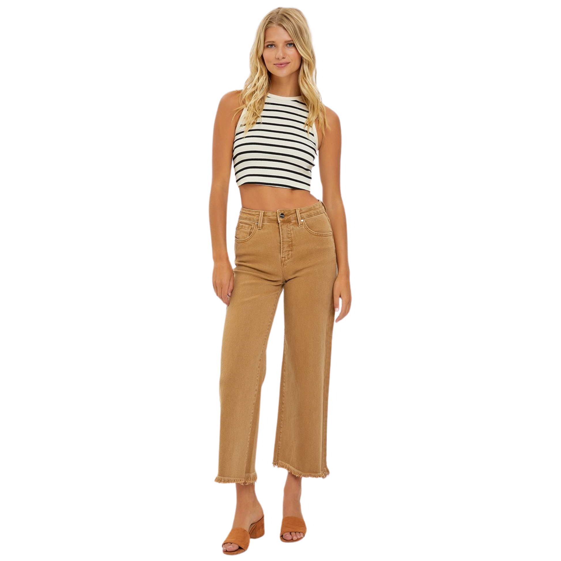 Elevate your style with our Risen High Rise Cropped Wide Leg Jeans. These stylish and versatile jeans are designed with a flattering high rise fit, mocha color, and a trendy cropped length. Perfect for any occasion, these jeans will add a touch of sophistication to your wardrobe.