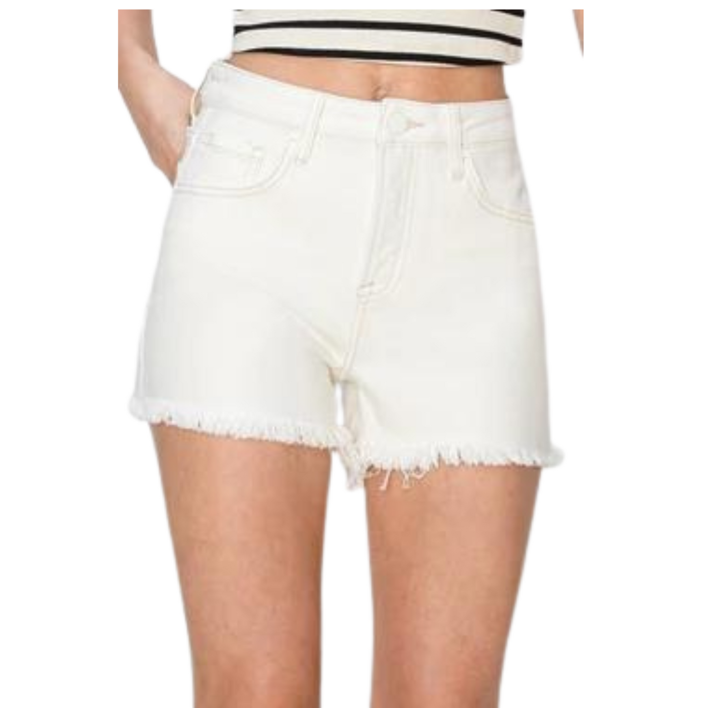 Achieve a flattering silhouette with our High Rise shorts. The tummy control feature will enhance your curves, while the fray hem adds a touch of style. Made from denim, these shorts provide both comfort and style.