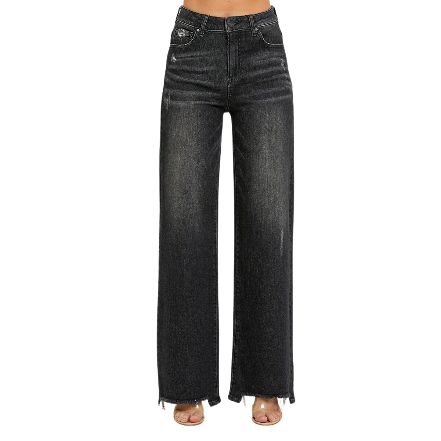 Introducing the High Rise Wide Leg Jeans from Risen Brand. These jeans are crafted with black denim, offering a high rise and wide leg for a comfortable yet classic look. Let your silhouette shine with this timeless denim piece.