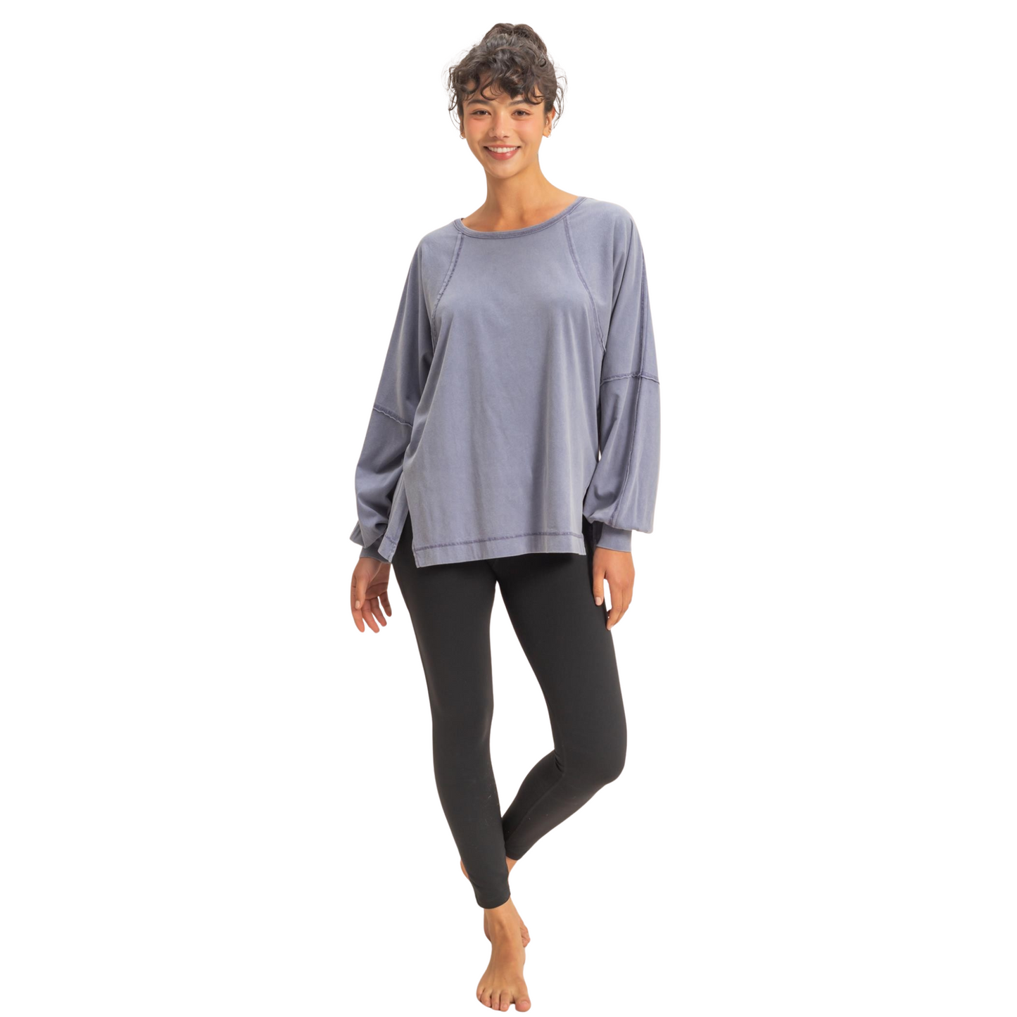 Washed Oversized Long Sleeve Top in Dusty Indigo