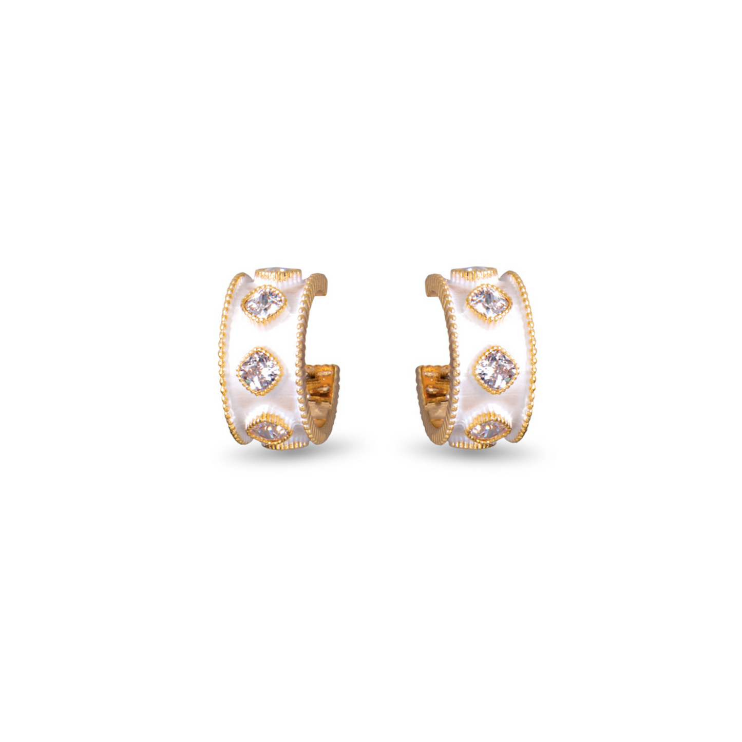 These Iridescent CZ Huggie Hoops by Amanda Blu feature small gold hoops and a delicate rhinestone accent. Crafted with expert precision, these huggie hoops add a touch of elegance to any ensemble. Elevate your style with these beautifully designed earrings.