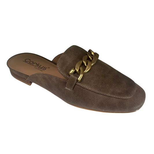 Experience effortless style with the Keepsake slide from Corkys. Featuring a closed toe and open back design, this tan-colored slide offers both comfort and breathability. The elegant chain accent adds a refined touch, making it perfect for casual or dressier occasions. Slip into these versatile slides for a blend of sophistication and ease.