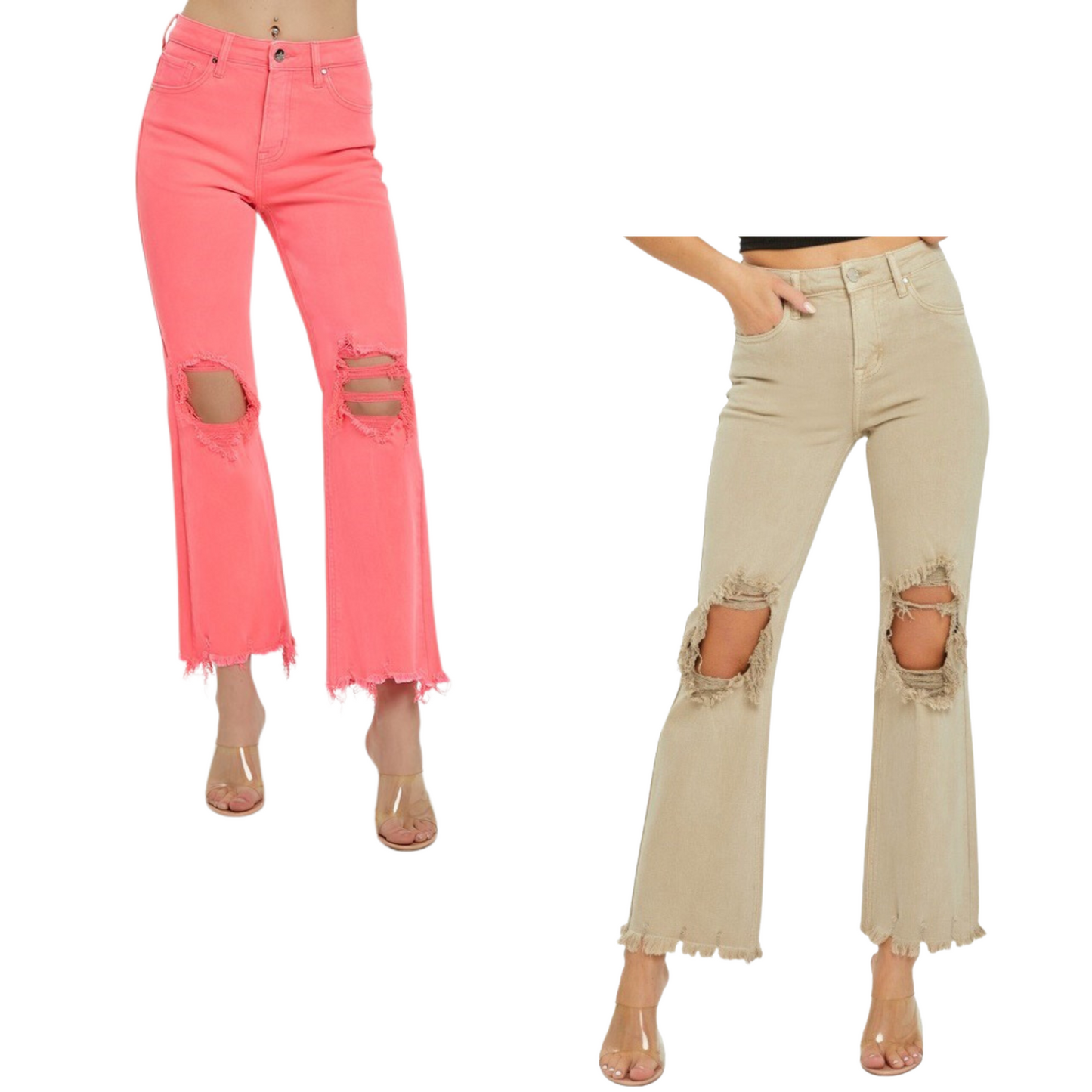 High Rise Distressed Jeans from Risen Brand are perfect for a stylish but casual look. The raw hem, sand color and distressed knee details deliver a classic, edgy look. These jeans combine fashion and function in one package.