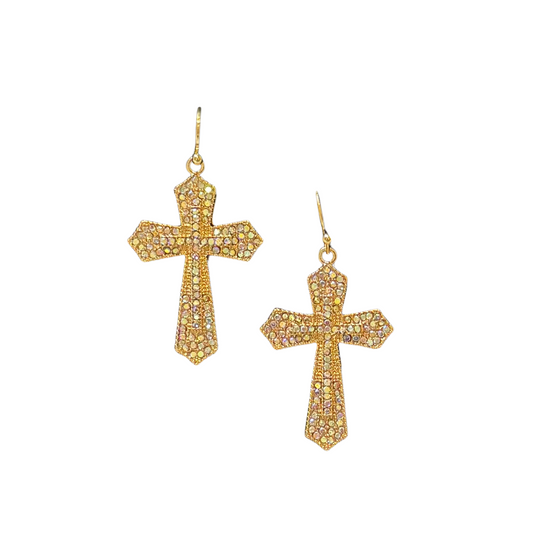 These Cross Dangle Earrings feature a stunning gold finish with sparkling rhinestone accents. The large cross design adds a touch of elegance, making them the perfect accessory for any outfit. Their dangle style adds movement and allure to your look. Elevate your style with these sophisticated earrings.