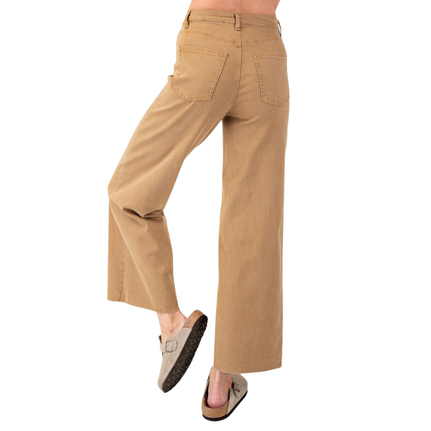 These Soft Stretch Twill Pants in a latte color combine comfort and style with a relaxed, loose fit and wide legs. Designed with practical features like belt loops, front and back pockets, as well as side pockets, they offer convenience for everyday wear. The lightweight fabric and raw cut bottom enhance breathability and a modern look. Finished with a secure zip fly and button closure, these Easel brand pants provide both ease and durability for versatile use.
