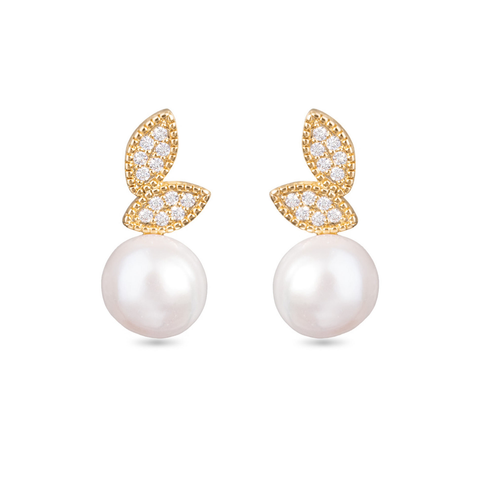 Add a touch of elegance to your outfit with our Leaf with Pearl Studs. Crafted in gold with rhinestone accents, these stunning earrings feature a delicate leaf design and a lustrous pearl to complete the look. Perfect for any occasion, these studs are sure to make a statement.