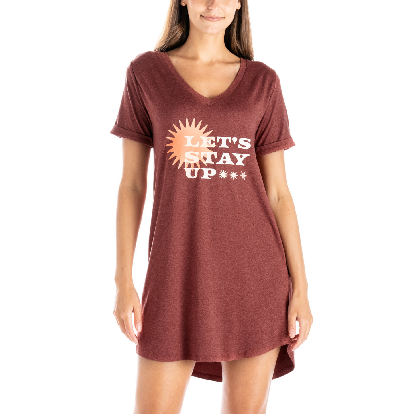 "Let's Stay Up" burnt orange color sleep shirt