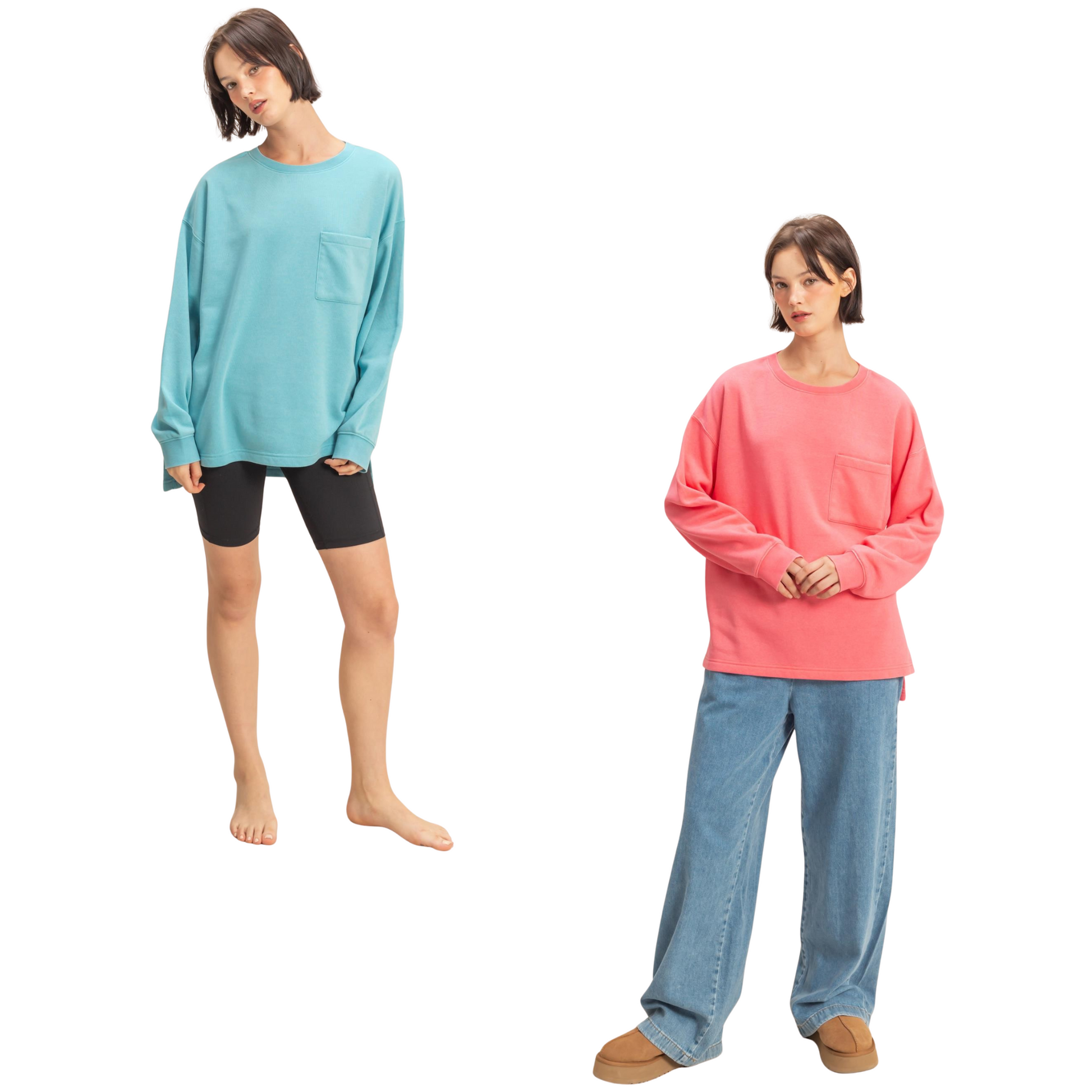 The Basic Pullover Pocket Top by Double Zero features a practical front pocket detail and comfortable long sleeves, making it versatile for layering or standalone wear. Available in sky blue or taffy pink, this top offers both style and subtle color options suitable for various looks. Crafted for everyday ease, it delivers a refined yet relaxed fit.