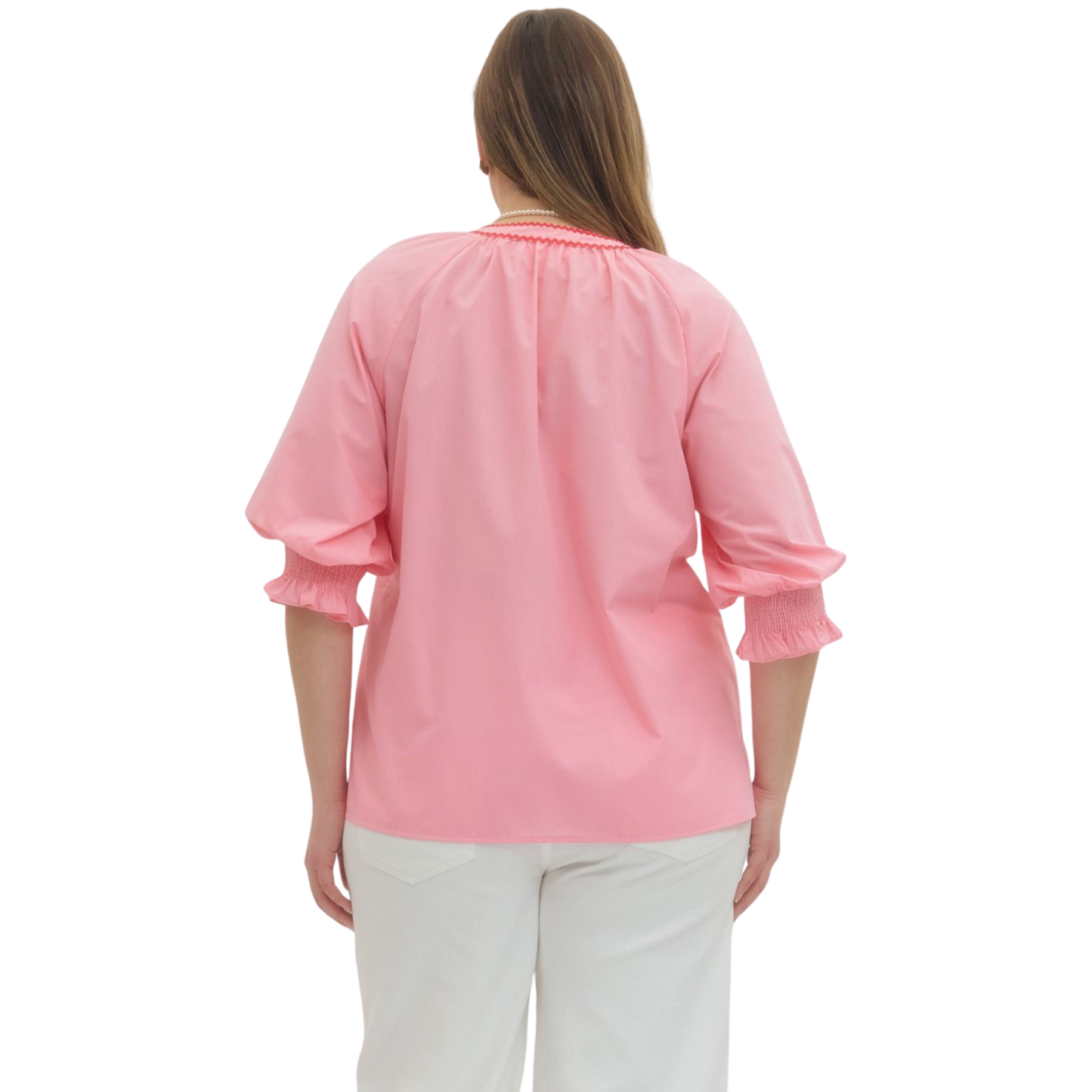 Elevate your wardrobe with this stunning Long Sleeve Embroidered Top from Entro. Designed for the modern, confident woman, this plus-size piece features a flattering V-neck neckline and soft baby pink hue that complements all skin tones. Delicate embroidered accents add texture and visual interest, creating a sophisticated look perfect for casual outings or dressed-up occasions. The long sleeves provide versatile styling options year-round.