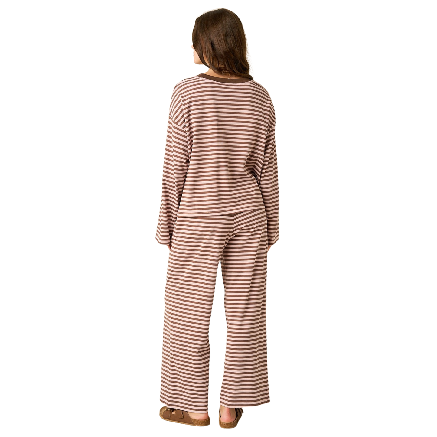 Embrace effortless comfort with this charming Mittoshop lounge set. The vintage pink striped long sleeve top pairs perfectly with matching pants for a coordinated, relaxed look. Ideal for lounging at home or casual outings, this two-piece set combines soft fabric with timeless style. The classic stripe pattern and gentle color palette make it a versatile addition to your everyday wardrobe.