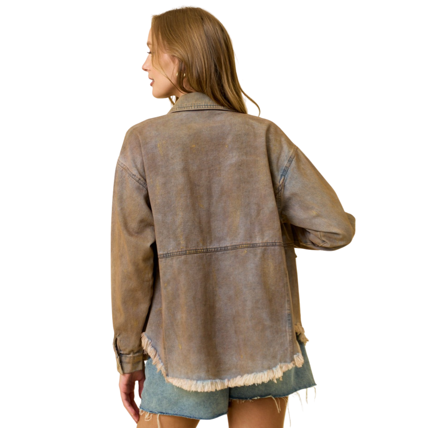 The Doe & Rae Metallic Chintz Denim Jacket combines classic denim construction with contemporary edge. Crafted in dark grey with an ice wash finish, this button-up piece features subtle metallic threading that catches light with every movement. The structured fit and timeless silhouette make it versatile enough for layering over casual basics or dressing up your favorite tee. A wardrobe essential that bridges vintage charm with modern sophistication.