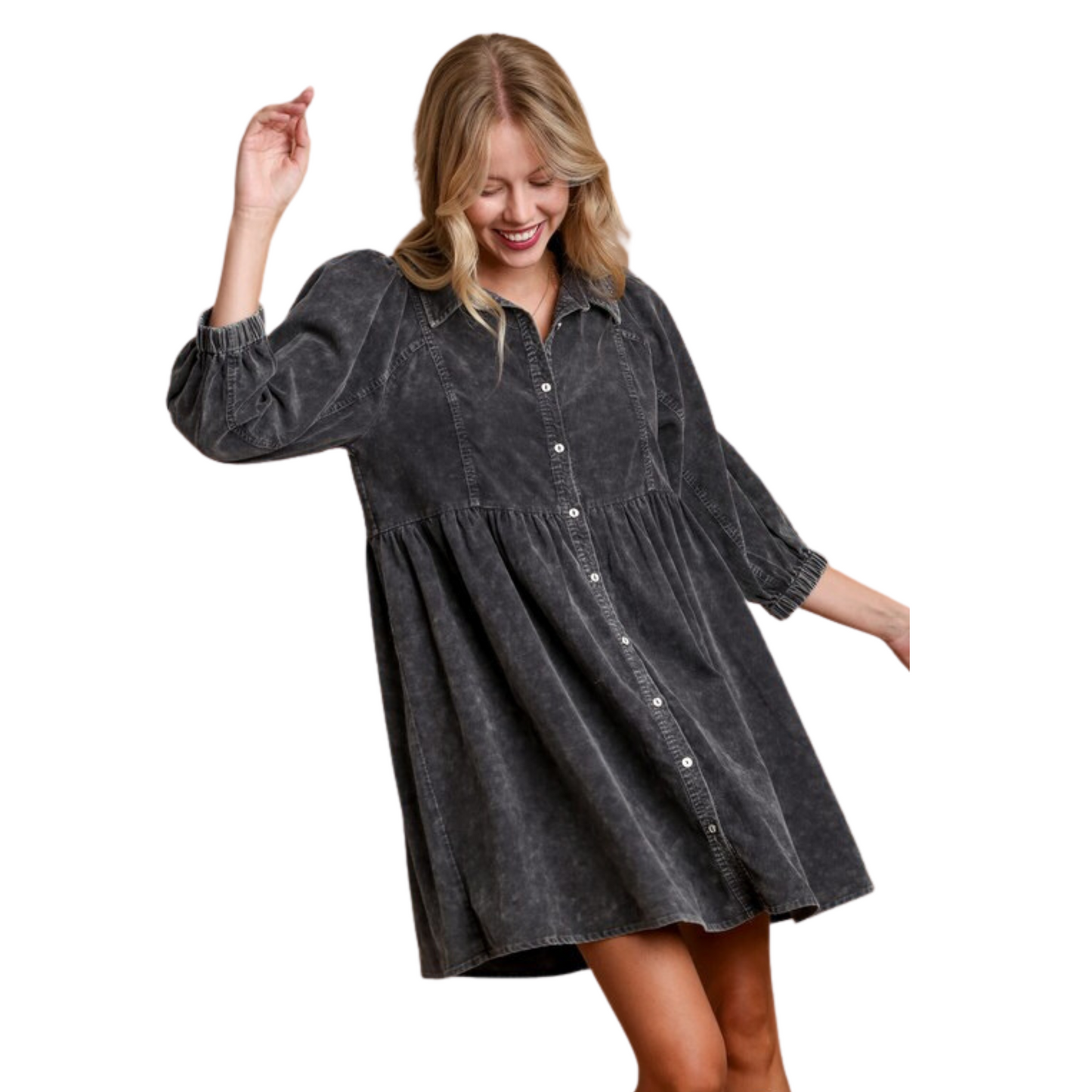 Plus size mineral wash corduroy dress in dark grey