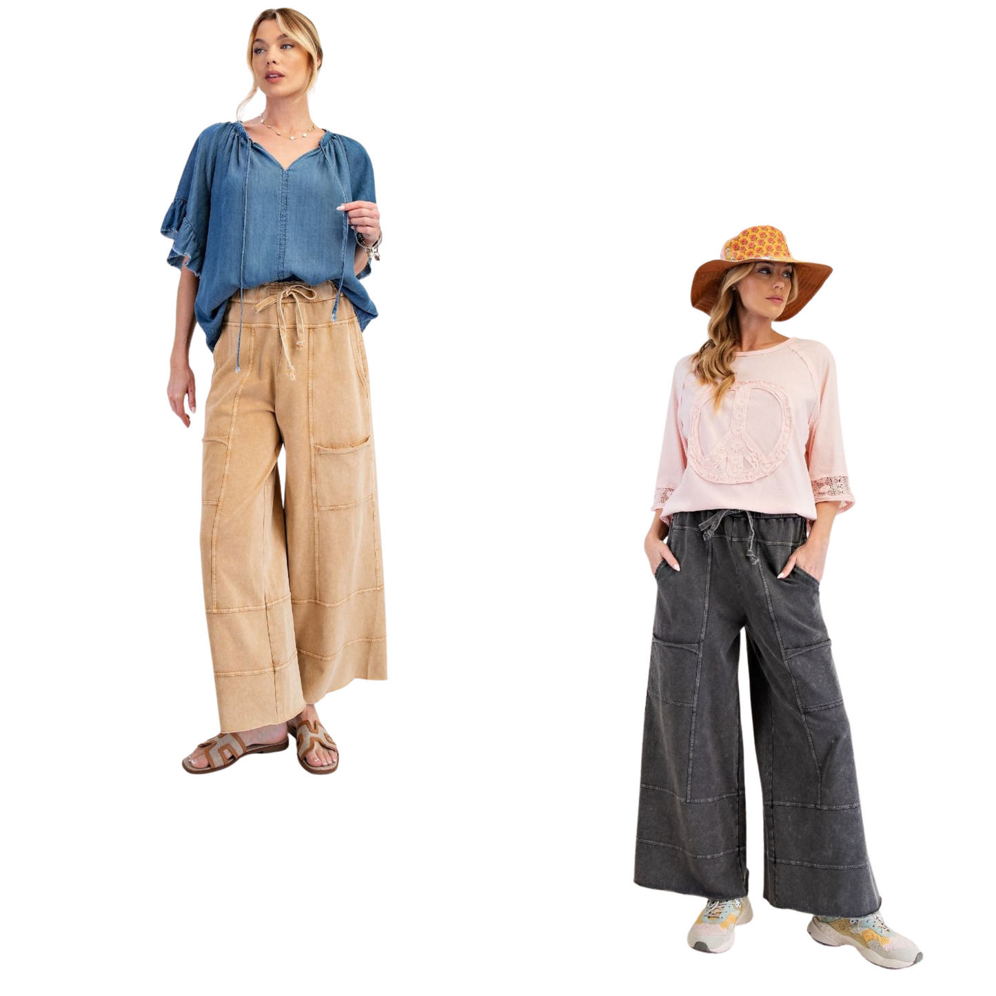 These Mineral Washed Terry Knit Pants combine comfort and style with a relaxed, loose fit enhanced by wide legs. Featuring cargo-style pockets and exposed seaming, they offer a modern utilitarian look. The elastic ruched waist with an adjustable drawstring ensures a customizable and secure fit. Available in black or camel, these pants are versatile enough for casual or elevated everyday wear.