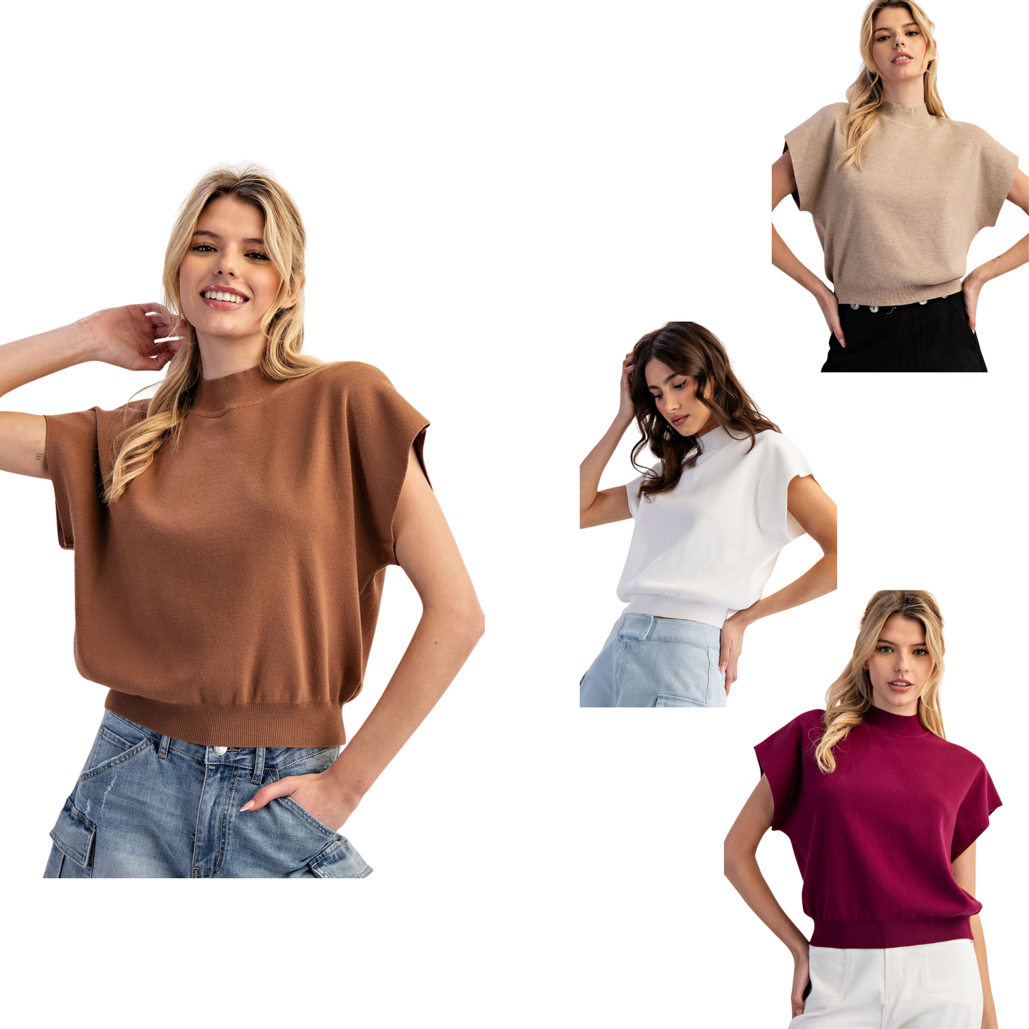 This mock neck top, available in versatile shades of black, coco, oatmeal, off white, and plum, combines classic style with modern comfort. Featuring short sleeves for ease and breathability, it offers a refined silhouette suitable for layered or standalone wear. Crafted with attention to detail, this top provides both sophistication and everyday practicality.
