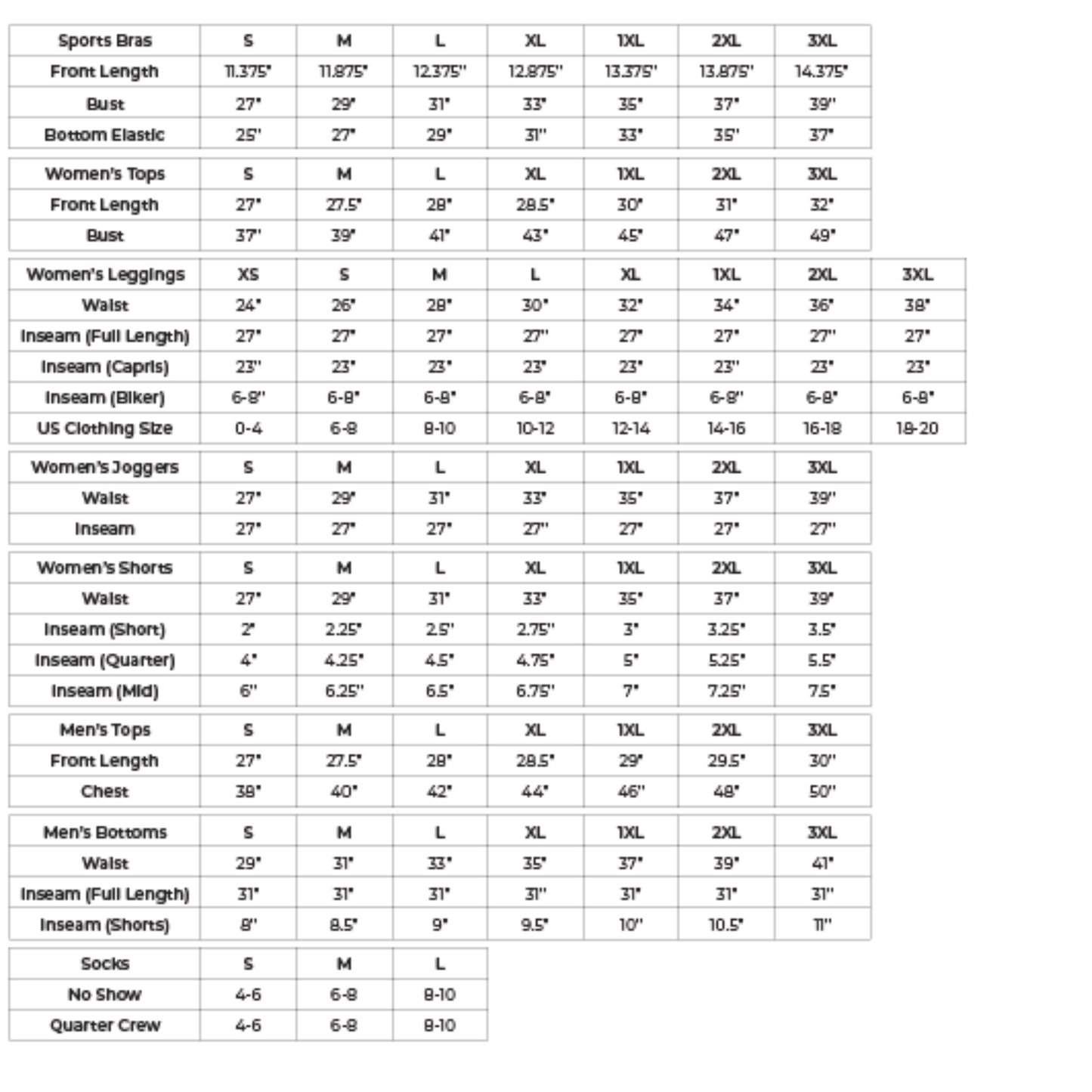 Mono B Size Chart