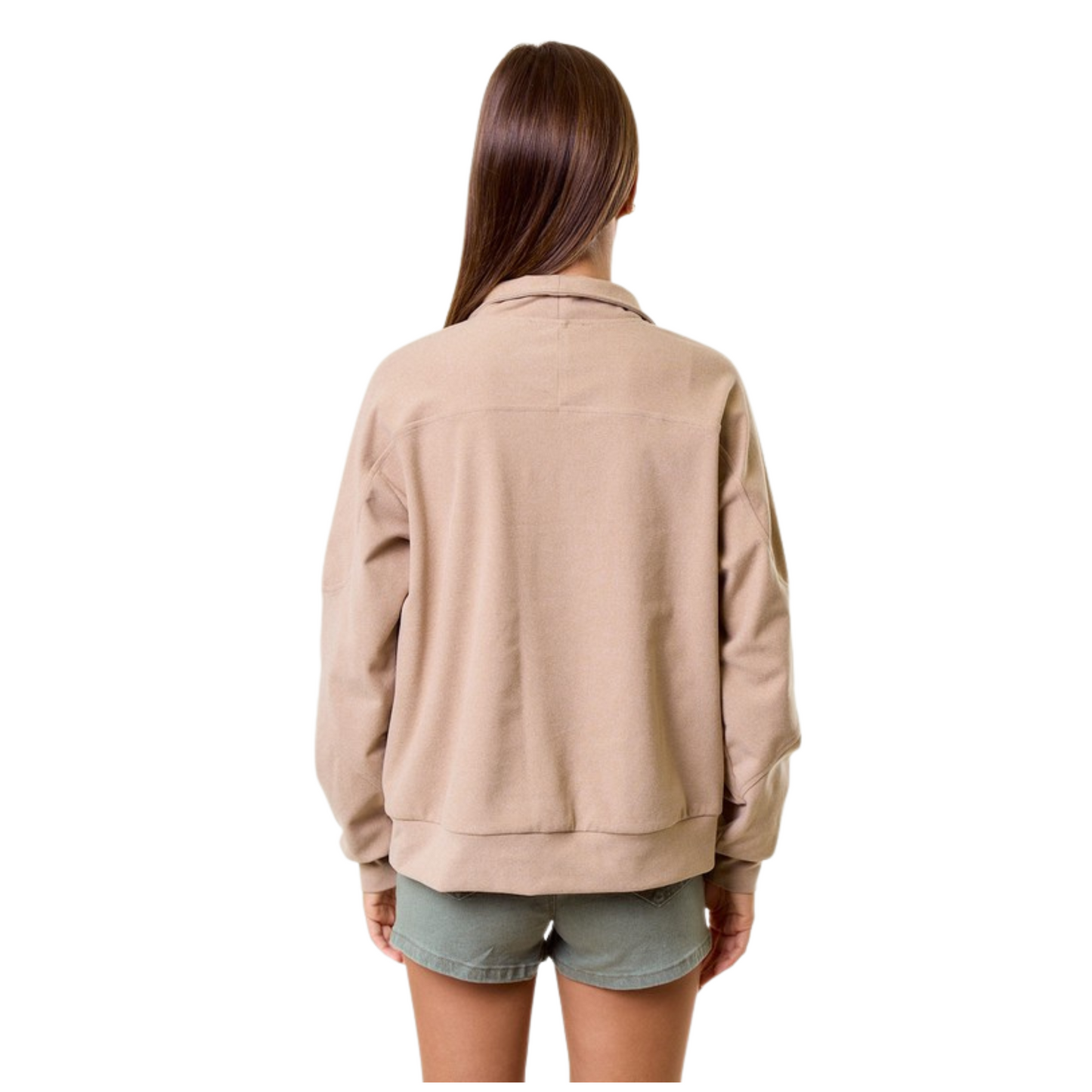 Elevate your wardrobe with the Brushed Knit Sweatshirt in a sophisticated mushroom color. Featuring a mock neck and delicate buttons, this piece combines refined details with everyday comfort. The buttery-soft fabric offers a gentle touch against the skin, making it an ideal choice for layering or solo wear. Designed by Doe and Rae, this sweatshirt balances style and coziness with expert craftsmanship.