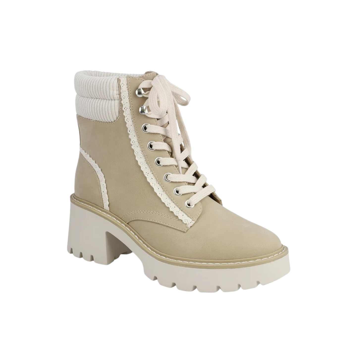 The Nakoma lace-up bootie from Mia combines timeless style with modern edge. Crafted in a sophisticated taupe finish, this heeled bootie features delicate lace detailing that adds texture and visual interest. The lace-up design offers a customizable fit while delivering classic appeal perfect for any occasion. Step into comfort and elegance with every wear.