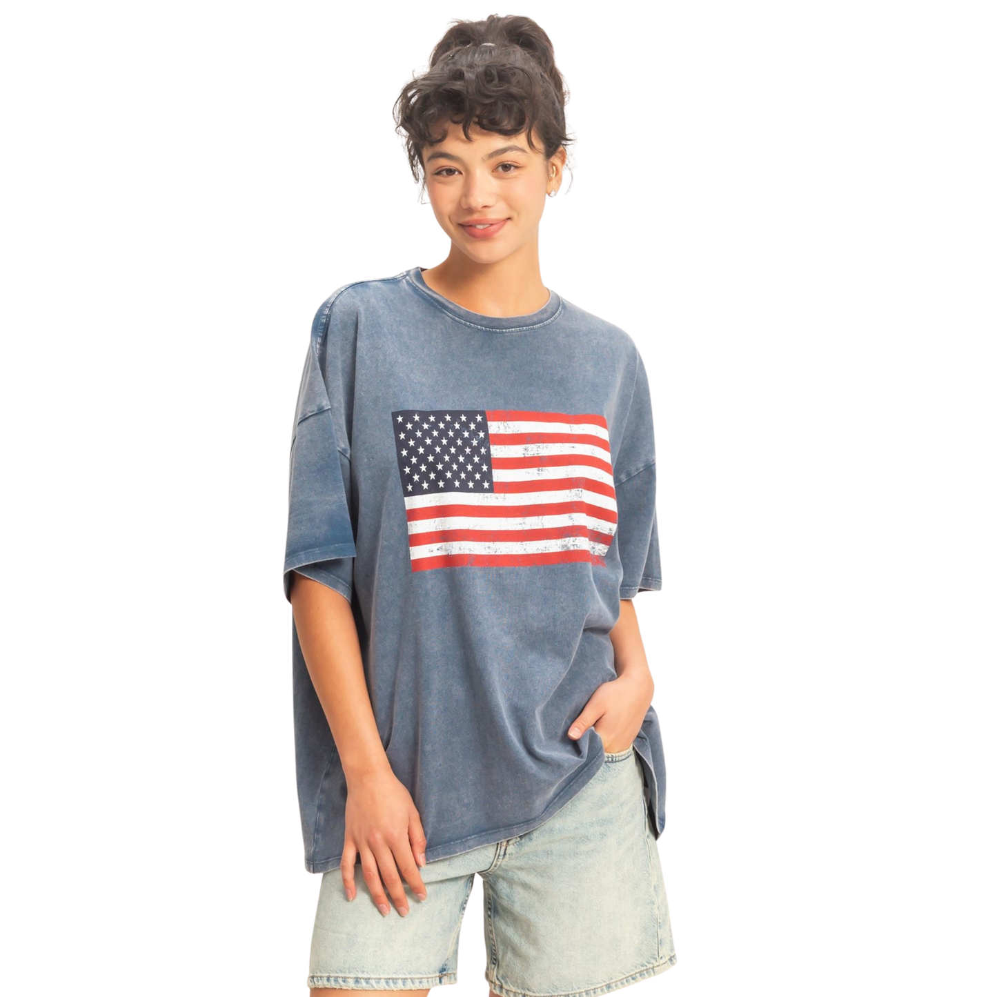 Mineral Washed Flag Graphic Tee in navy