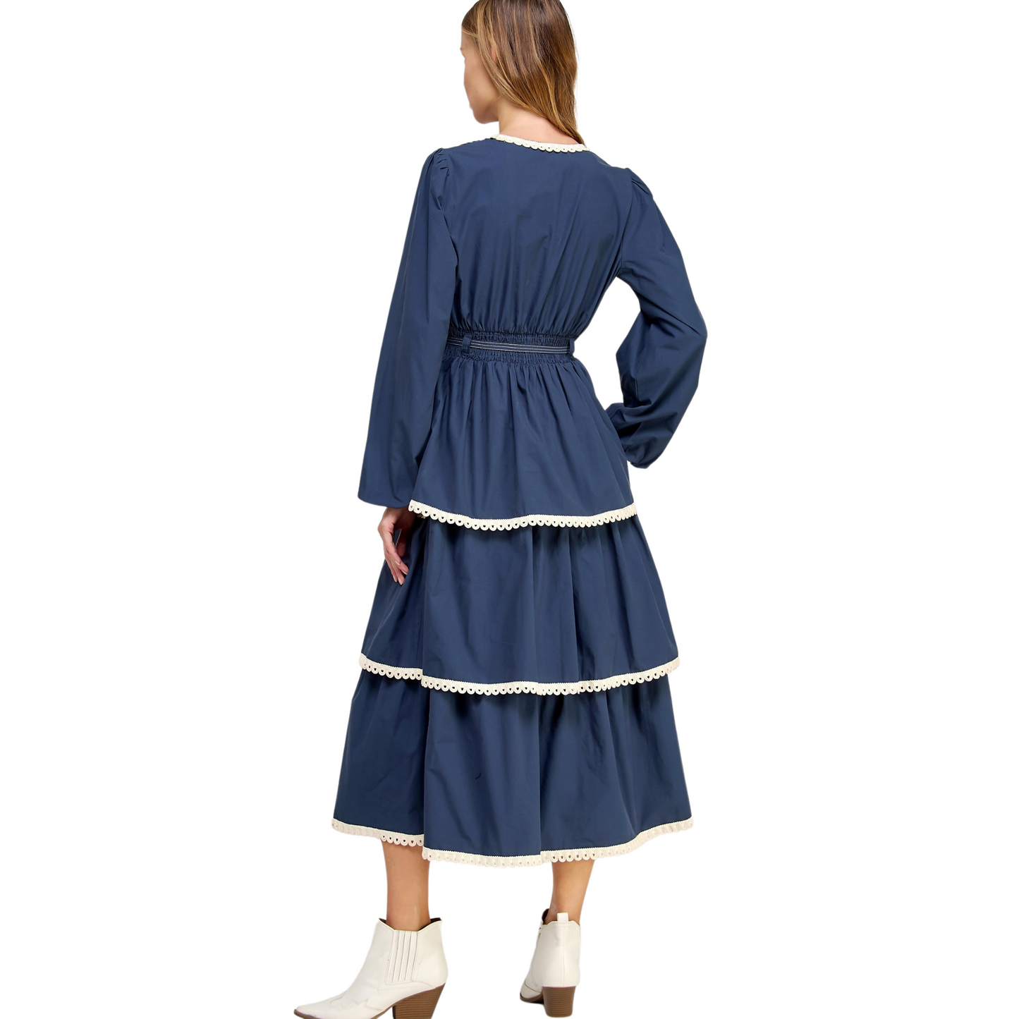 Look effortlessly chic in our Lace Trim Detail Poplin Dress. This midi dress combines comfort and style with its V neckline, elasticated cuffs, and stretch smock waist. The lace trim and tiered maxi skirt add a touch of elegance. Perfect for any occasion, this dress also comes with a removable waist tie for added versatility.