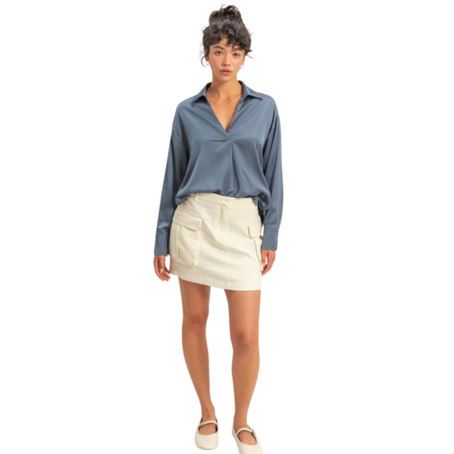 Satin V-Neck top in Dusty Navy