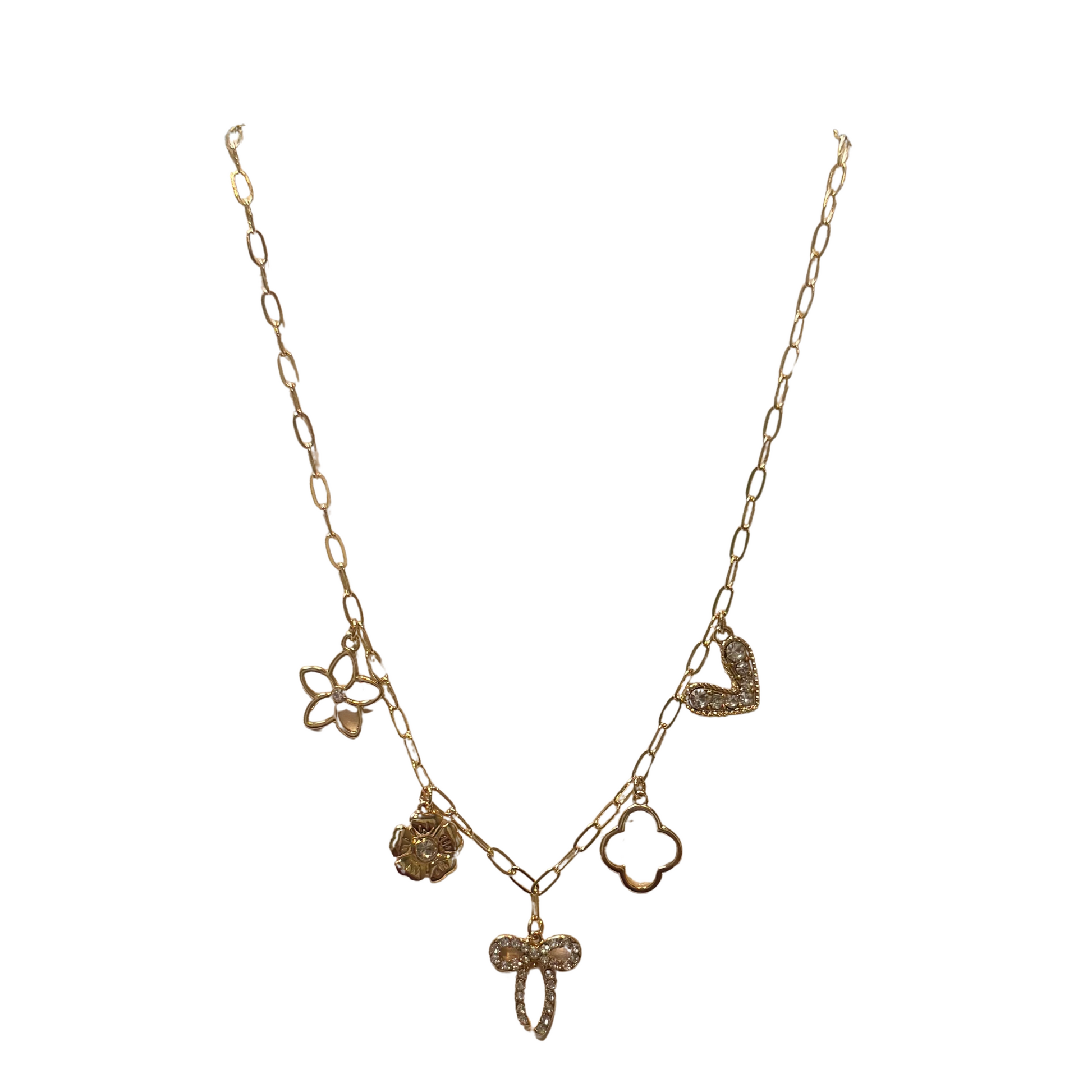 This professionally-crafted Charm Necklace features a stunning gold design and an array of various charms. Perfect for any occasion, this short necklace will elevate any outfit with its unique and elegant style. Expertly crafted for a truly one-of-a-kind look.