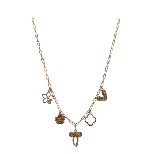 This professionally-crafted Charm Necklace features a stunning gold design and an array of various charms. Perfect for any occasion, this short necklace will elevate any outfit with its unique and elegant style. Expertly crafted for a truly one-of-a-kind look.