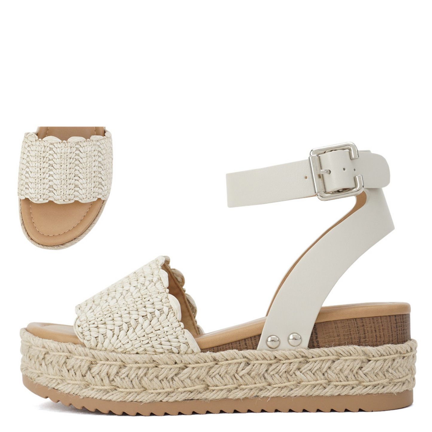Introducing Nico, the sleek and stylish wedge sandal from soda brand. Made with high quality materials, these white sandals offer both comfort and sophistication. Elevate any outfit with these versatile and trendy shoes.