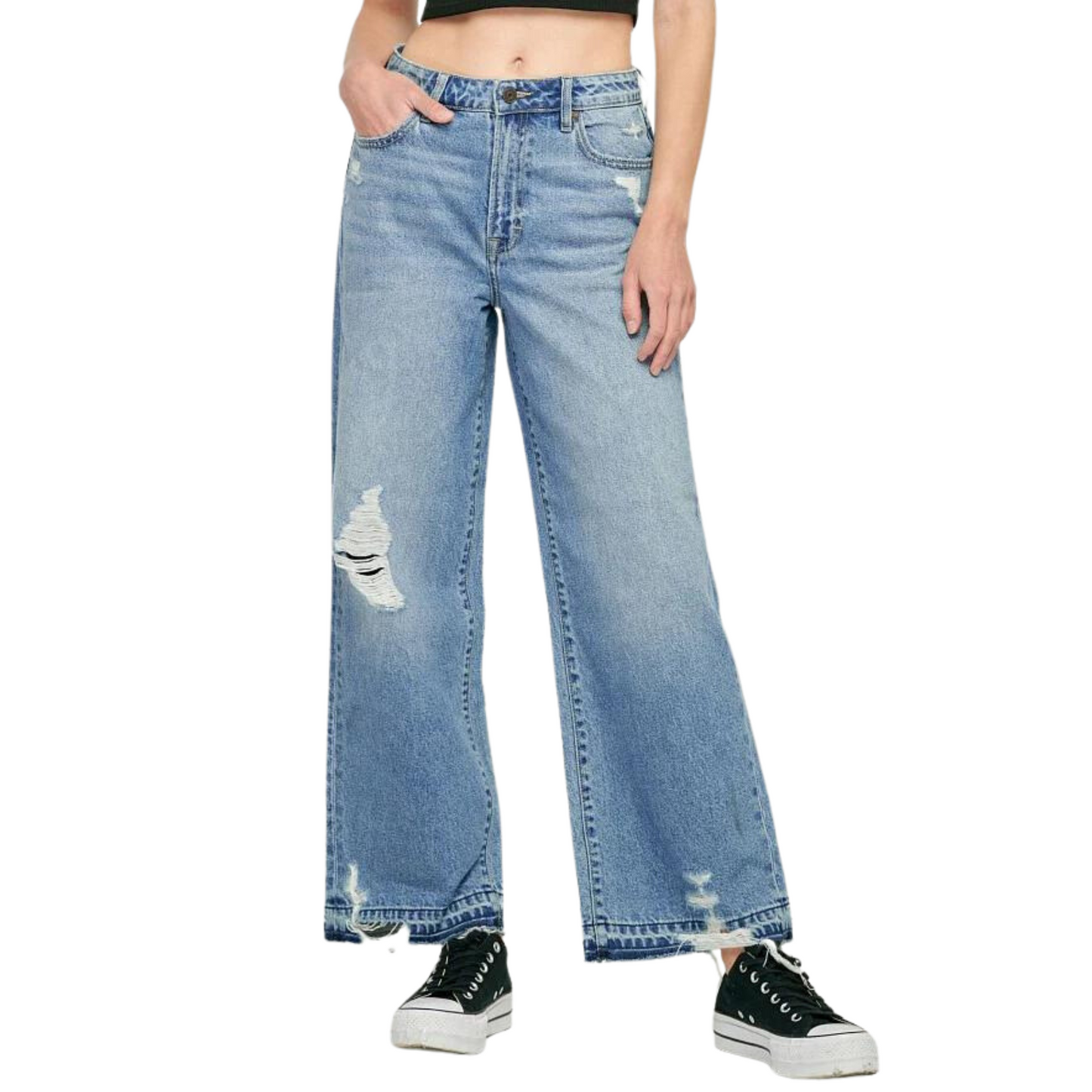 Our Nori High Rise Wide Leg Jeans offer the perfect mix of style and comfort. Crafted from medium wash denim with distressed details, they flatter every figure with their wide leg fit, high rise waistline, and soft stretch fabric. Get a timeless look with these classic jeans.