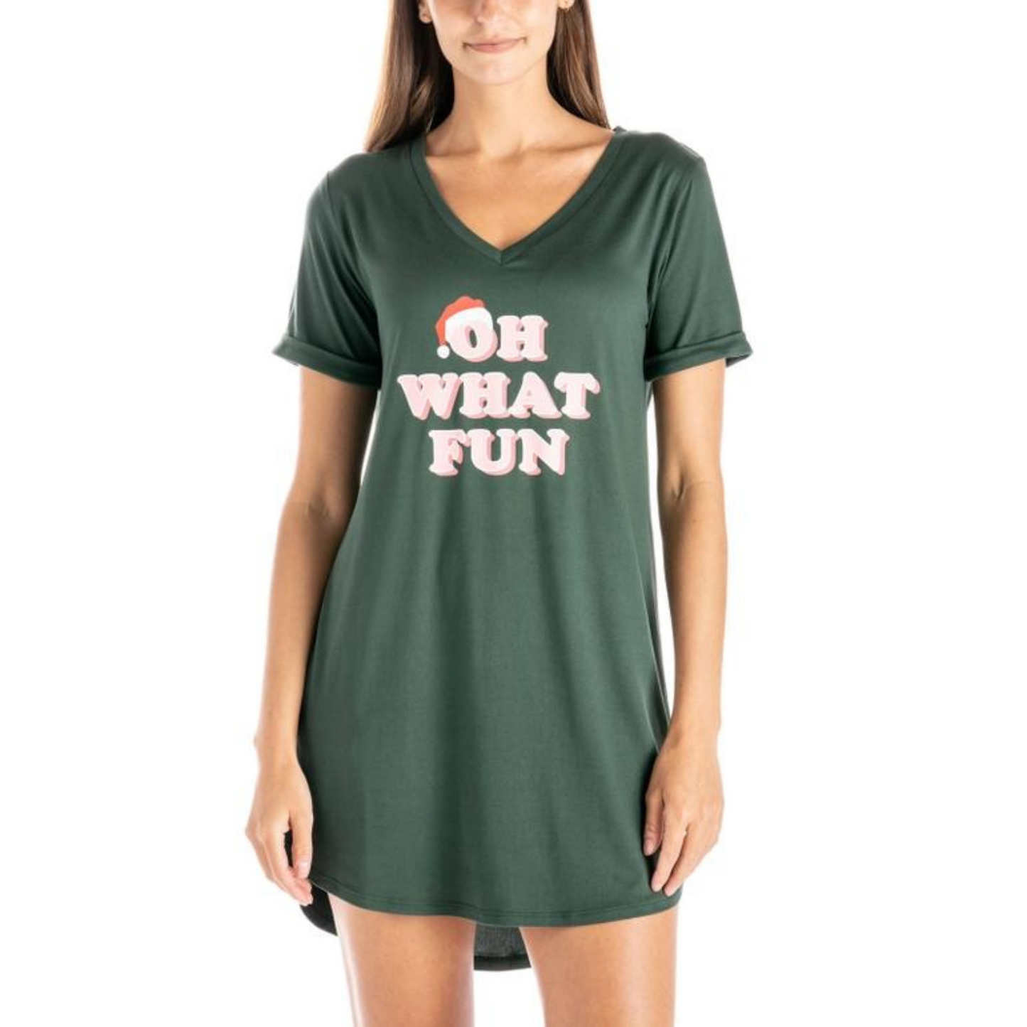 Green Christmas sleep shirt with "Oh What Fun" graphic