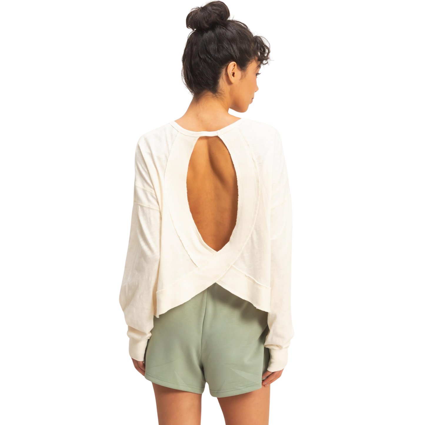 Elevate your wardrobe with this sophisticated open back long sleeve top from HYFVE. Crafted in a timeless cream color, this piece features an elegant cross detail that adds visual interest and dimension. The long sleeves provide coverage while the daring open back design creates a striking silhouette perfect for making a statement. Versatile enough for casual outings or dressed up for special occasions, this top combines comfort with contemporary style.