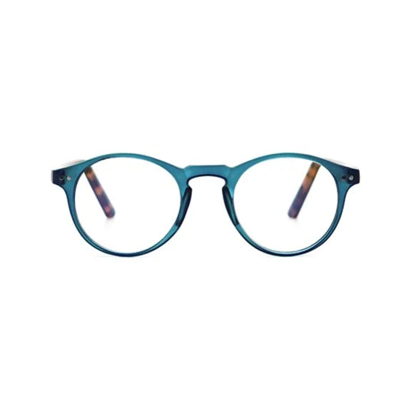 Blue framed reading glasses. Style name is Sanford