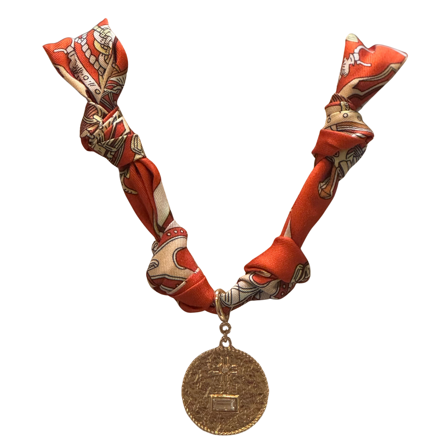 Orange scarf necklace with gold medallion pendant