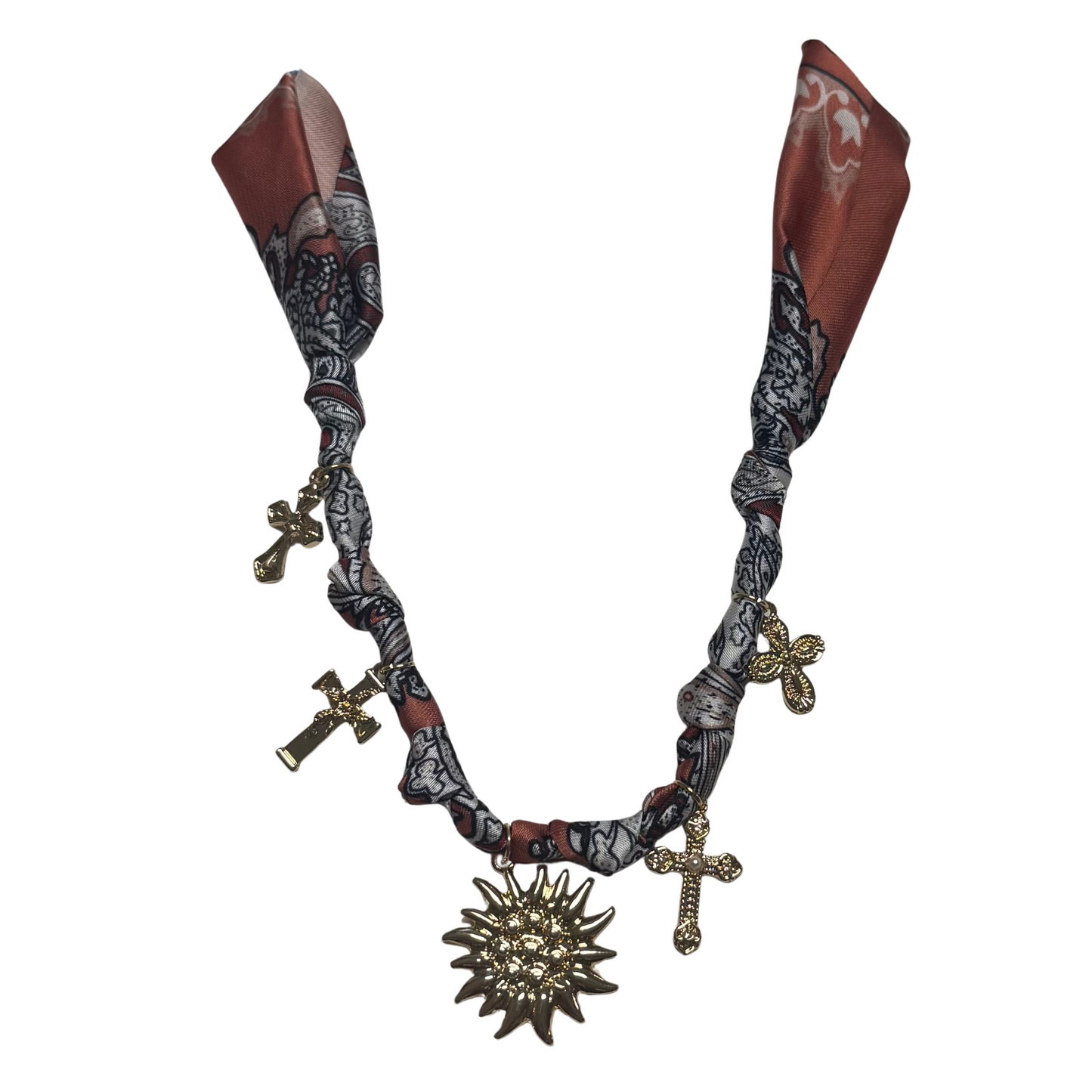Orange scarf necklace with gold sun and cross charms