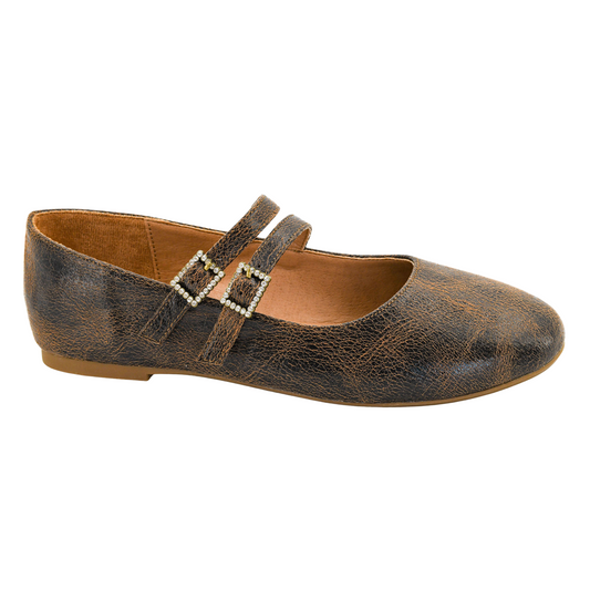 These dark brown flats from Corkys combine classic style with subtle sparkle, featuring closed toes for a polished look and rhinestone accents that add a refined touch. Designed for comfort and elegance, they are ideal for both professional settings and casual outings.