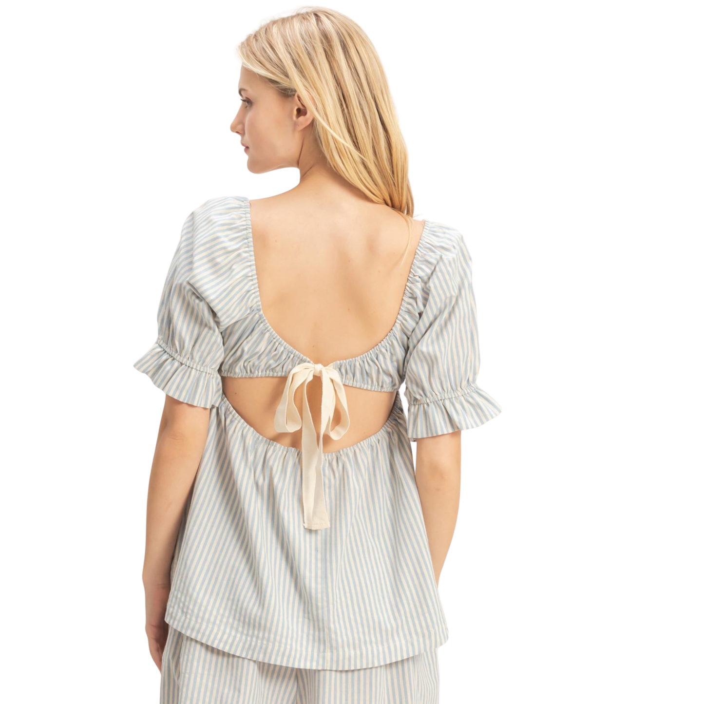 Elevate your wardrobe with this stunning sky blue striped peplum top by HYFVE. The square neckline frames your shoulders beautifully, while the open back design adds an unexpected touch of allure. Perfect for casual outings or dressed up for evening events, this piece combines classic style with modern flair. The crisp stripes and flattering silhouette make it a versatile essential for any season.