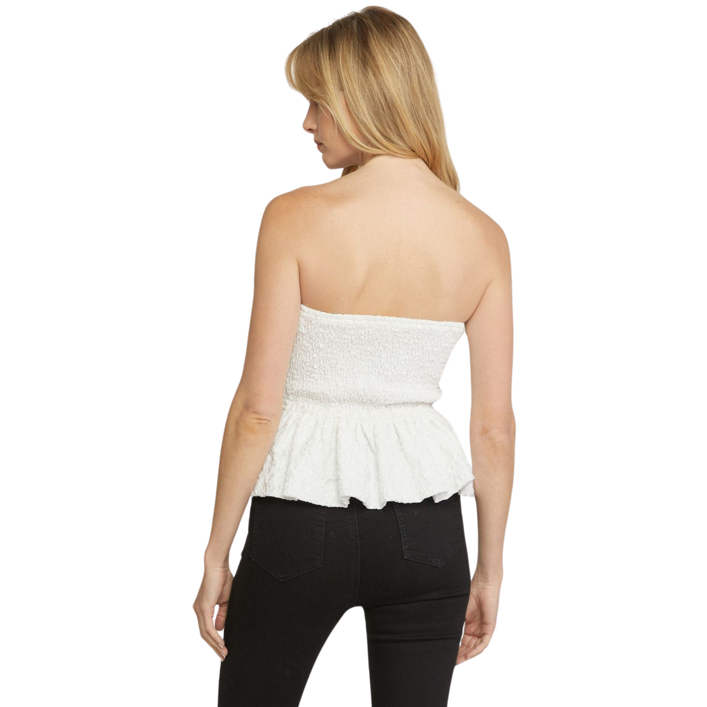 Expertly crafted from a floral jacquard fabric, this peplum top features a smocked back for a flattering fit. The non-sheer and lightweight design provides comfort while the off-white color adds a touch of sophistication. Perfect for any occasion, this top is a must-have in your wardrobe.