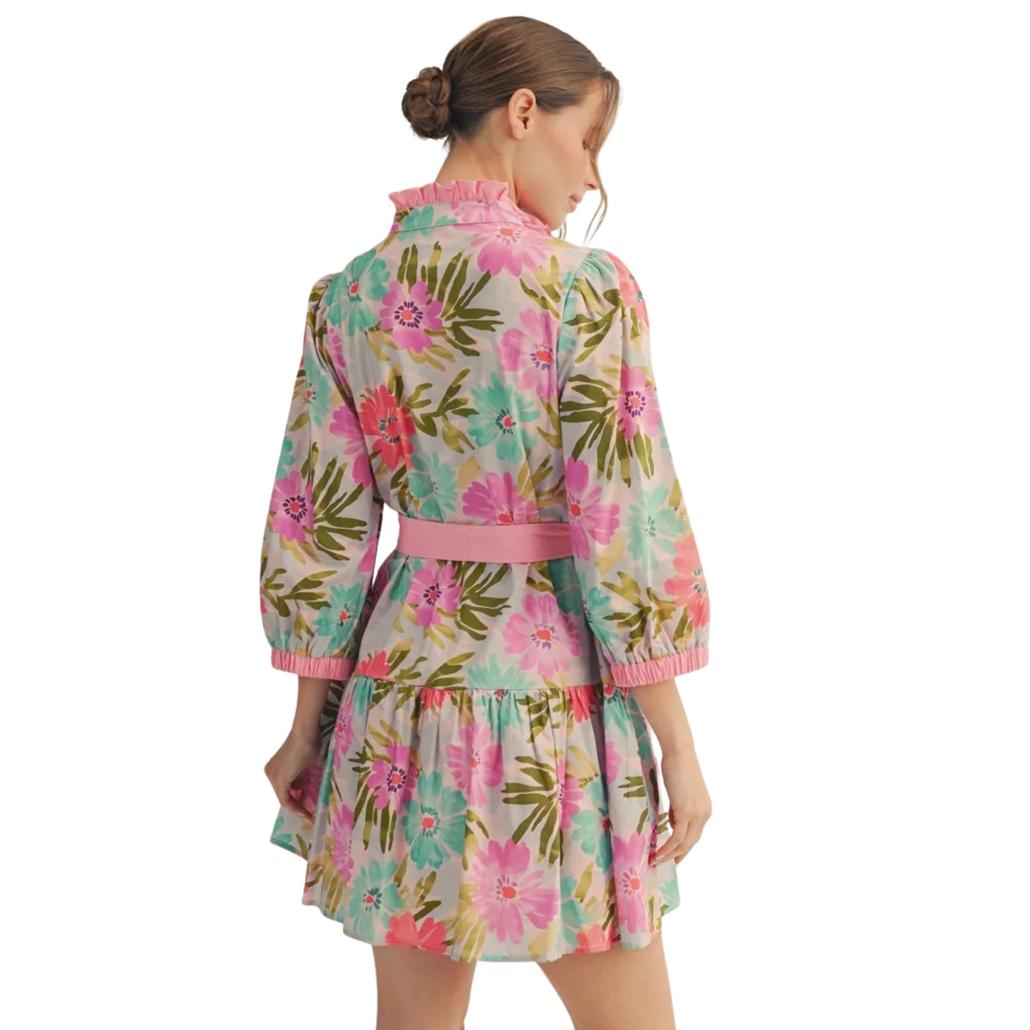 Embrace effortless elegance with this charming Jodifl tiered floral mini dress. Featuring a soft pink floral mix print, this piece combines romantic style with practical comfort. The front button-up design allows for easy layering and adjustable coverage, while the fitted waist tie cinches your silhouette beautifully. Three-quarter length sleeves provide the perfect balance of coverage and breathability, making it ideal for transitional seasons.