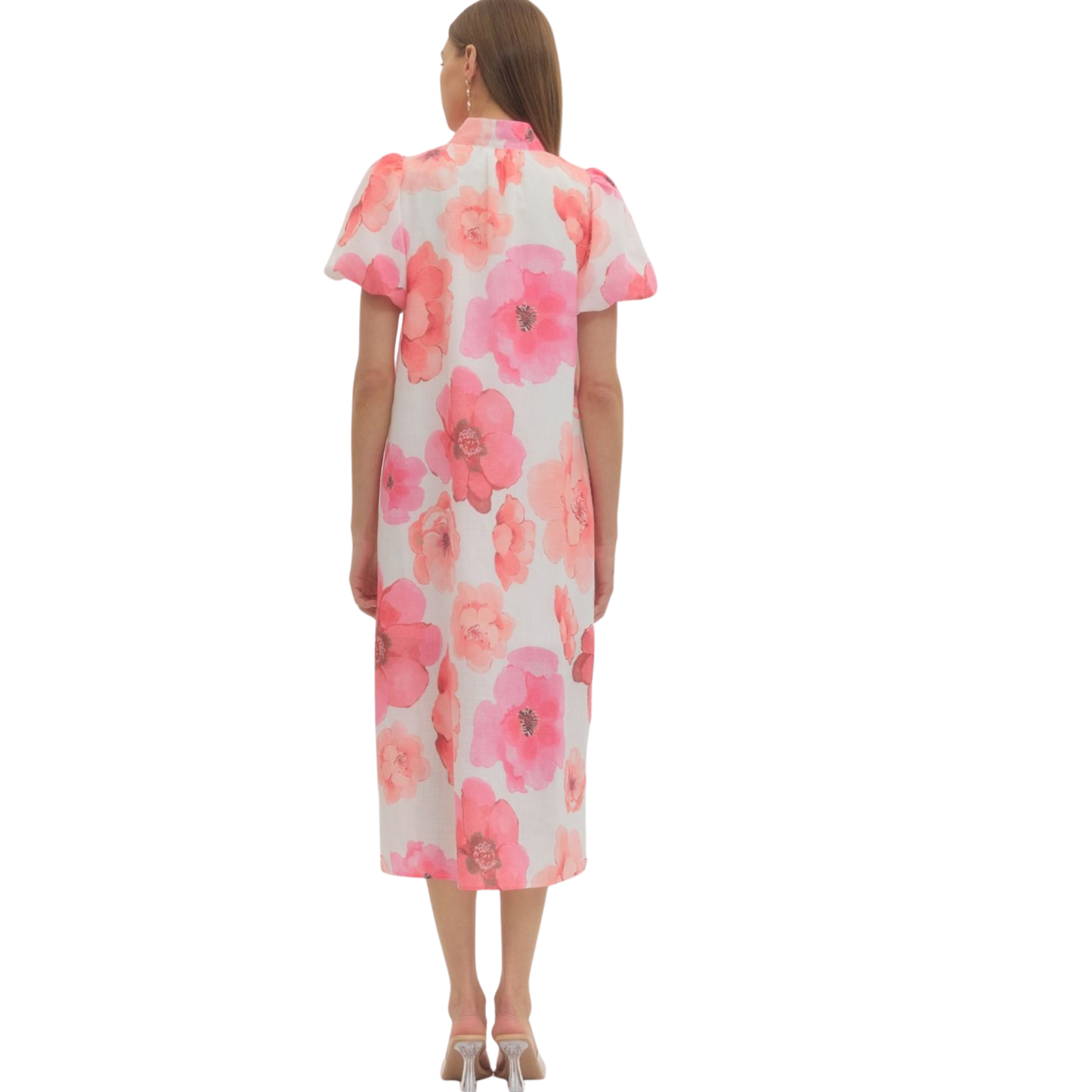 Embrace effortless elegance with this charming floral midi dress from Entro. The delicate puff sleeves and flattering band collar V-neck create a romantic silhouette, while side pockets add practical style. Crafted from lightweight woven fabric with a full lining for comfort and coverage, this non-sheer dress moves beautifully throughout your day. The pink combo print brings a fresh, feminine touch perfect for any occasion.