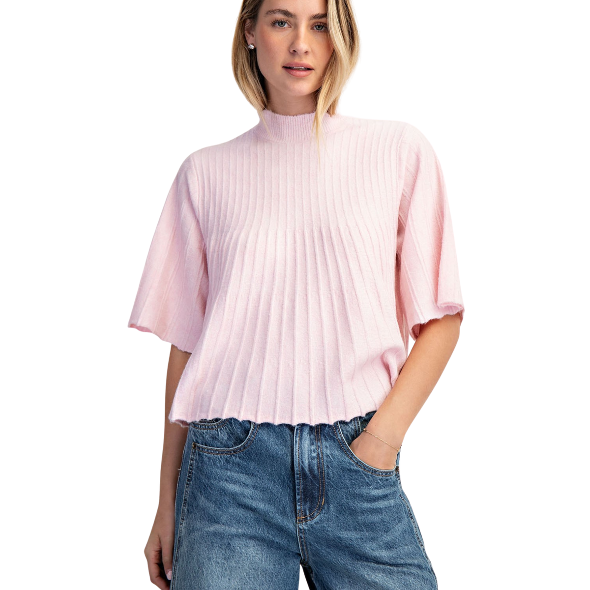 Mock Neck Swing Sweater in baby pink