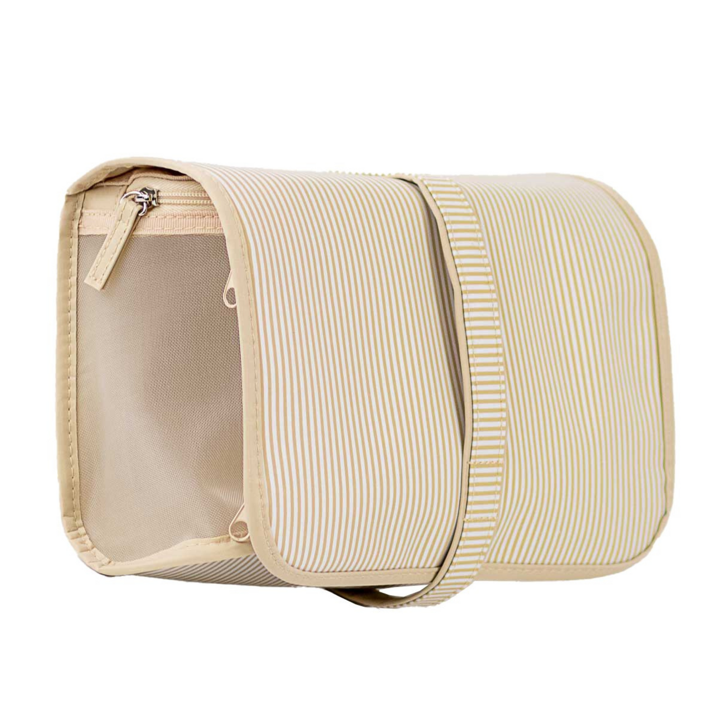 The Pinstripe Travel Cosmetic Bag by The Royal Standard combines classic beige and white pinstripe design with practical functionality. Crafted for organized storage, this bag is ideal for keeping your cosmetics secure and accessible during travel. Its durable construction ensures protection for your essentials, making it a reliable companion for any journey.