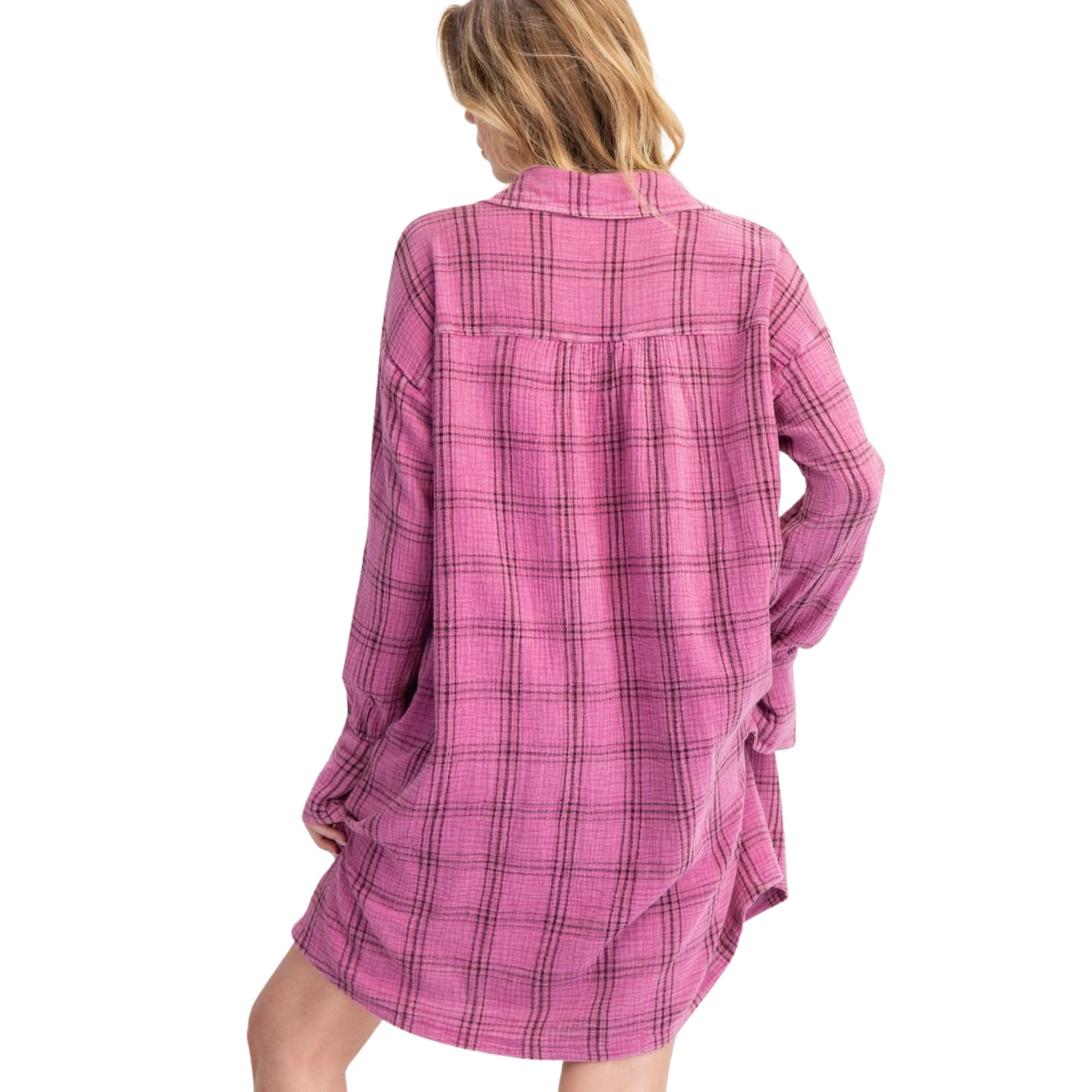 This magenta plaid, long-sleeve shirt dress from Easel offers a flattering fit tailored for plus sizes. Crafted with a mineral-washed finish, it combines casual comfort with a lived-in softness. Its classic plaid pattern and versatile shirt-dress silhouette make it an expert choice for layering or standalone wear, providing both style and ease throughout your day.