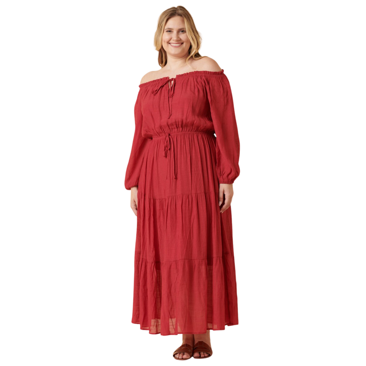 This Off-the-Shoulder Boho Maxi Dress features a woven fabric for durability and a distinctive style. The elastic tunnel neckline and tie front detail make it the perfect item for your wardrobe. The Dress is available in a dry rose color for a unique statement-making look.
