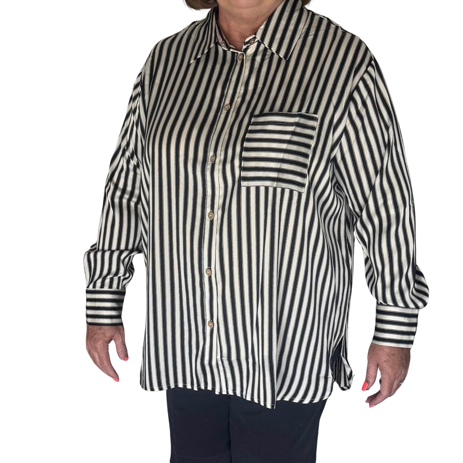 This plus-size, long-sleeve button-down top features a classic striped pattern on smooth satin fabric for a polished look. Designed with a structured collar and front buttons, it combines timeless style with a flattering fit, perfect for professional or casual wear.