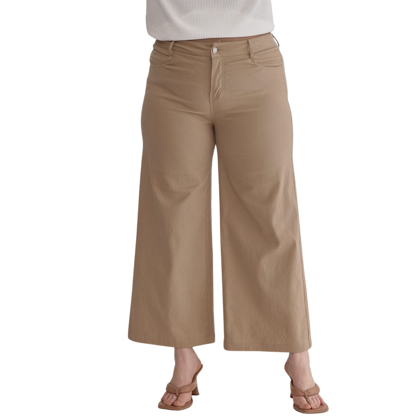 Wide leg plus size denim pants in tan