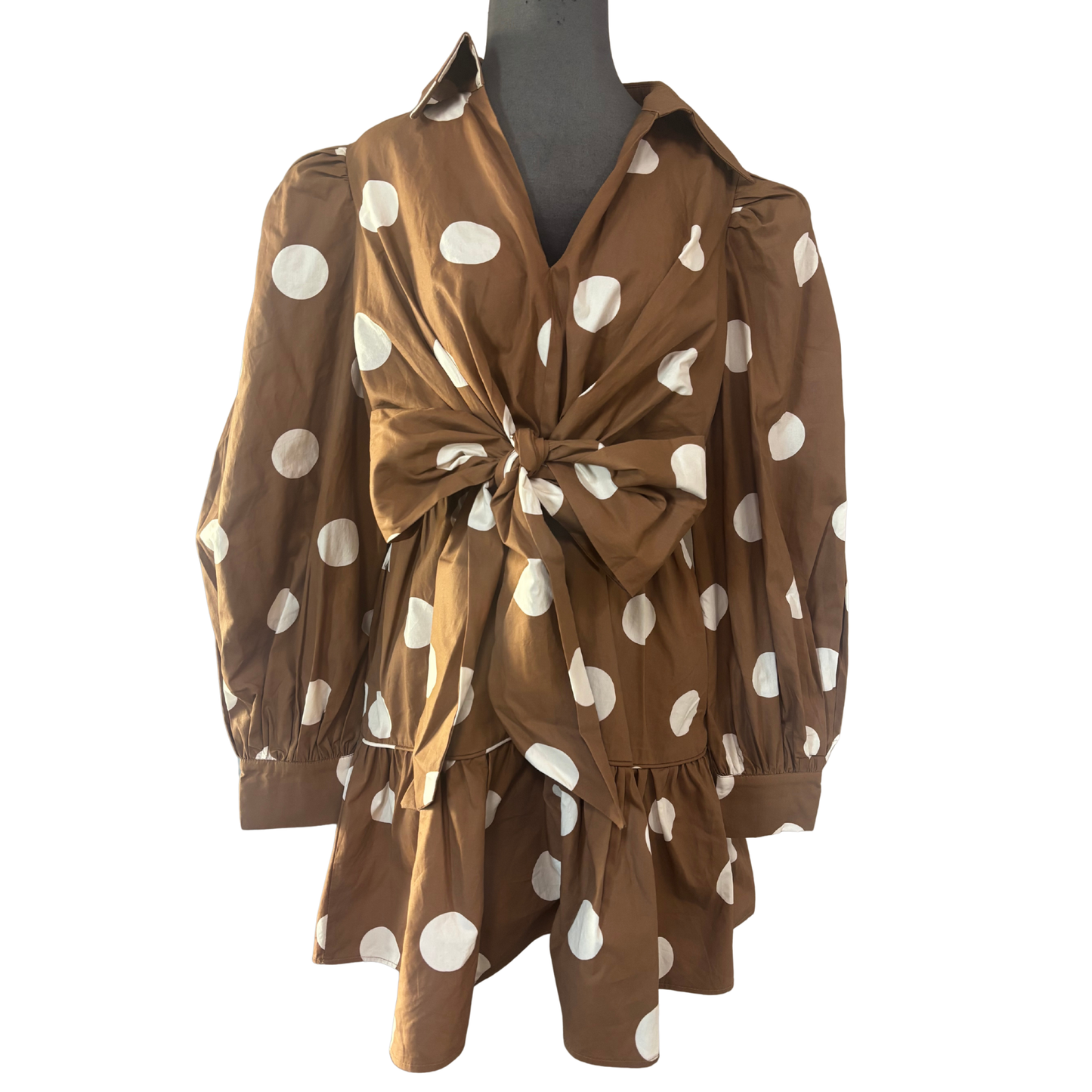 Elevate your casual wardrobe with this charming Polka Dot Mini Dress by HEYSON. Featuring a classic brown and cream color palette, this piece showcases delicate polka dots that add timeless appeal. The flattering tie-front detail creates a customizable fit while enhancing your silhouette. Perfect for weekend outings, brunch dates, or layered styling, this mini dress combines effortless sophistication with playful design. A versatile staple that transitions seamlessly from day to evening.